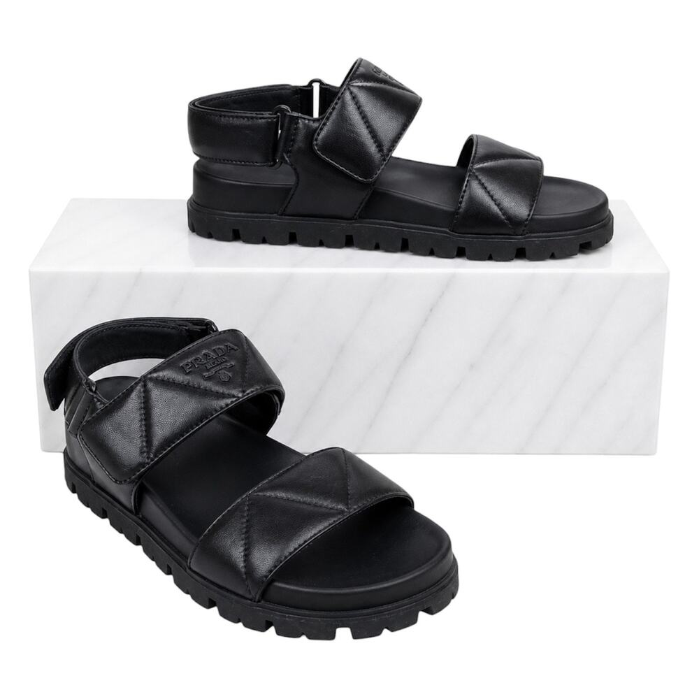 Prada Calzature Donna Logo 20mm Dad Sandal Black Nappa Leather Size 37